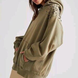 Free People Lonely Heart Studded Hoodie Sweatshirt Medium Hunter Green